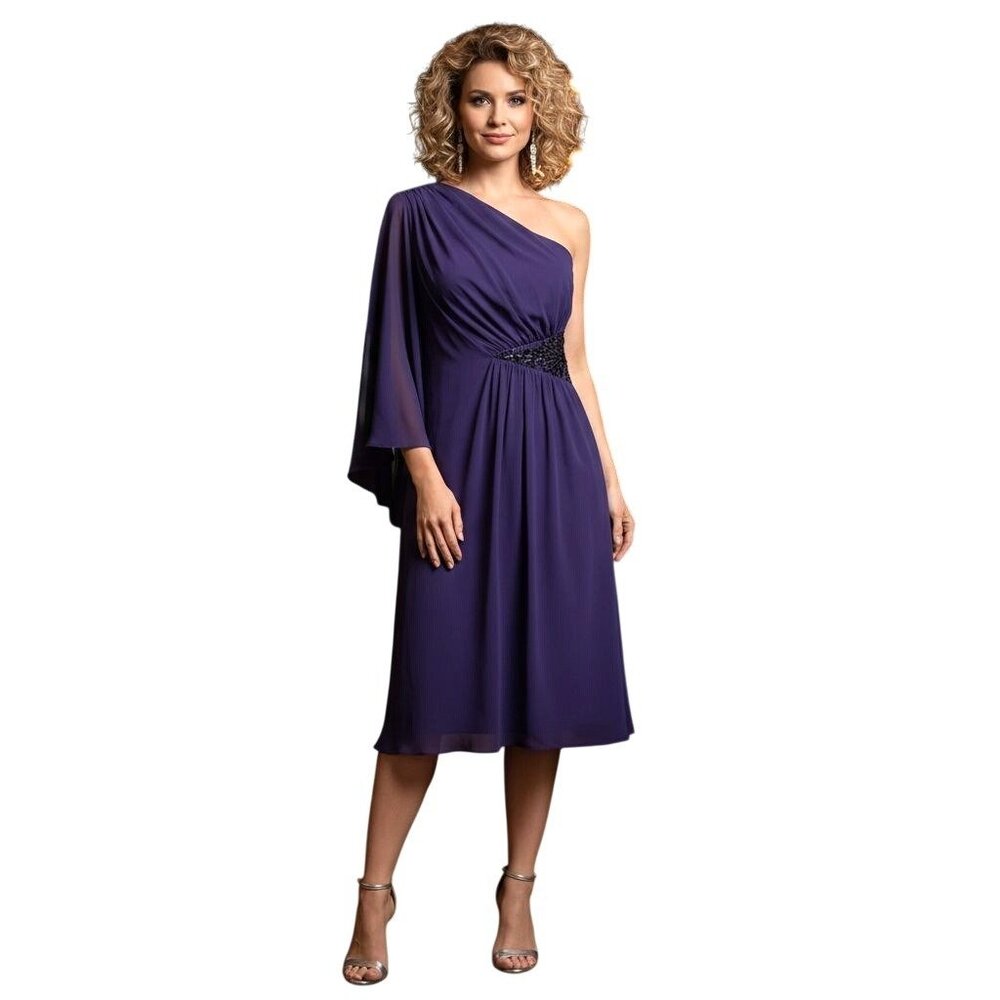 Evan-Picone One-Shoulder Mystic Purple Chiffon Dress W/ Beaded Waist Size 4